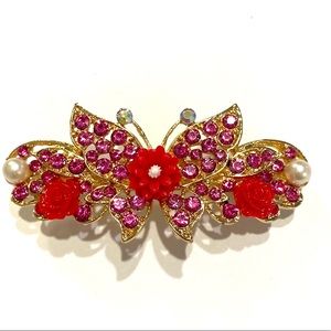 Hair Clip Barrette Butterfly Gold Tone  Pink Rhinestones Flowers